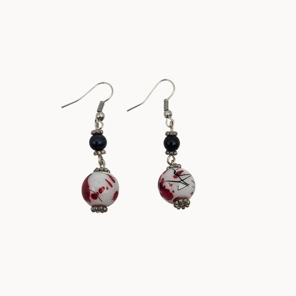 Women's Dangle Drop Hook Marbled White/Red Beaded Fashion Jewelry Earrings - Picture 2 of 4